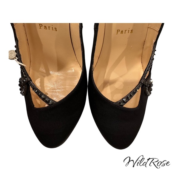 CHRISTIAN LOUBOUTIN Black Satin Rhinestone Embellished Heels SZ 38 - Picture 5 of 15